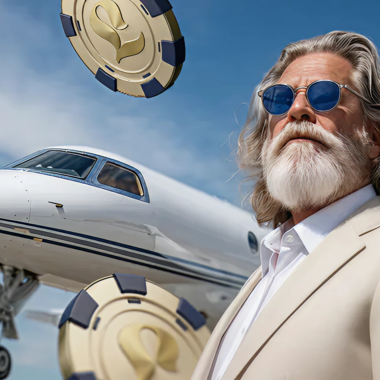 Goldener Siegerpokal umgeben von schwebenden Münzen auf grünem Hintergrund – LuckyMeister Casino.